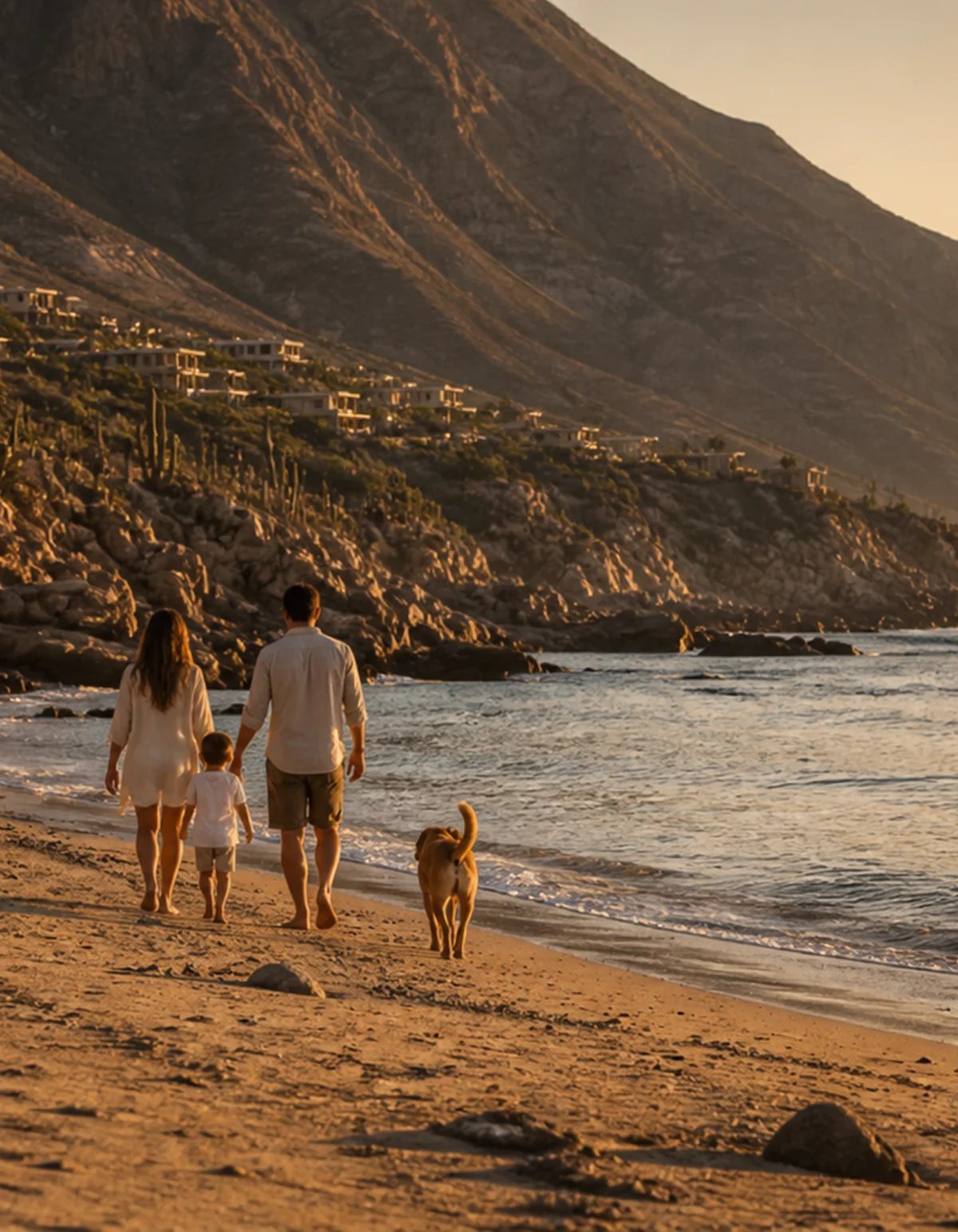 Familia caminando por la playa